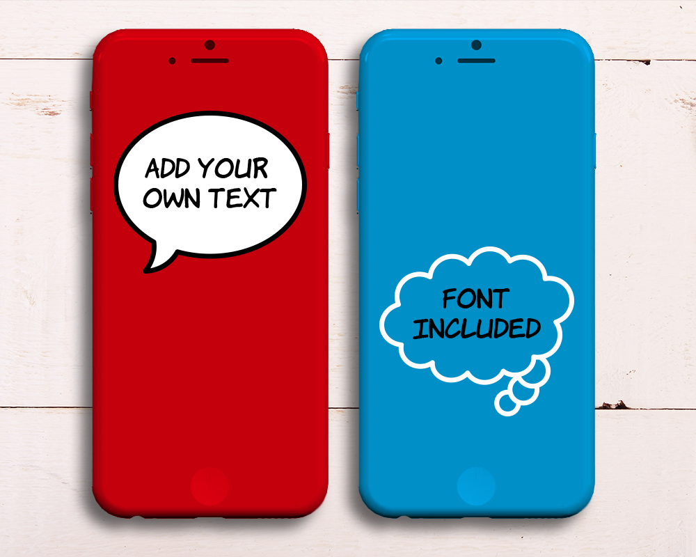 Two cell phone cases sit side by side. One has a speech bubble that says "Add your own text." The other has a thought bubble that says "Font included."