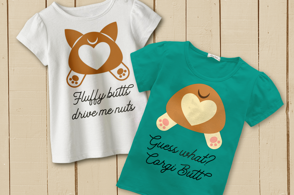 Two tee shirts. Each has an image of a corgi butt with a heart. One says "Fluffy butts drive me nuts," and the other says "Guess what? Corgi butt."