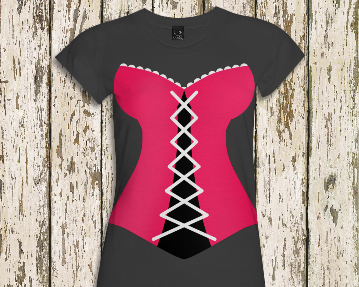 A shirt with the image of a hot pink corset with white strings and lace.