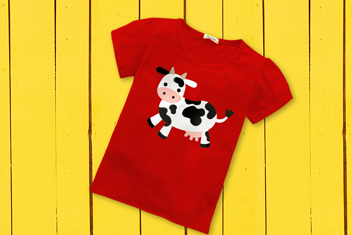 A red shirt with a cute cow on it.