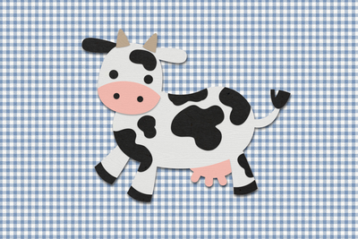 Layered paper cow on a blue gingham background.