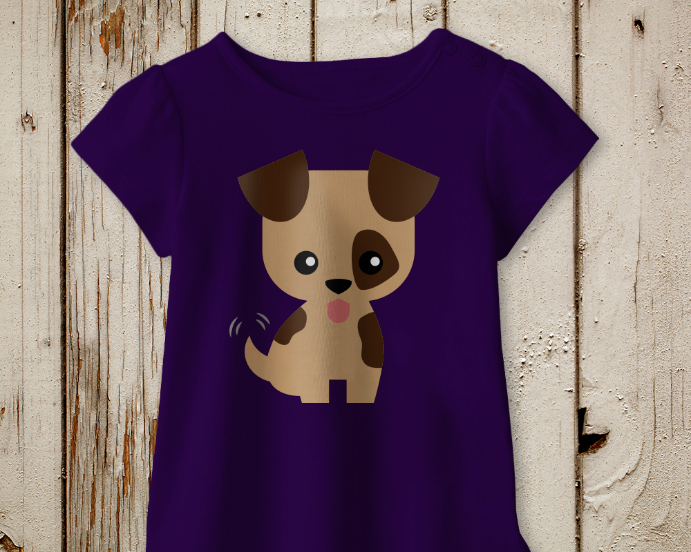 A purple tee with a cute puppy design .