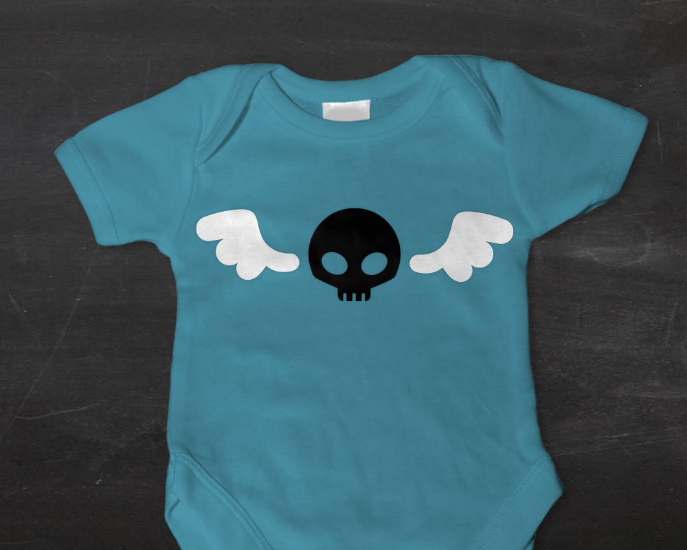 A blue baby onesie with a cute black skull with white wings on either side.