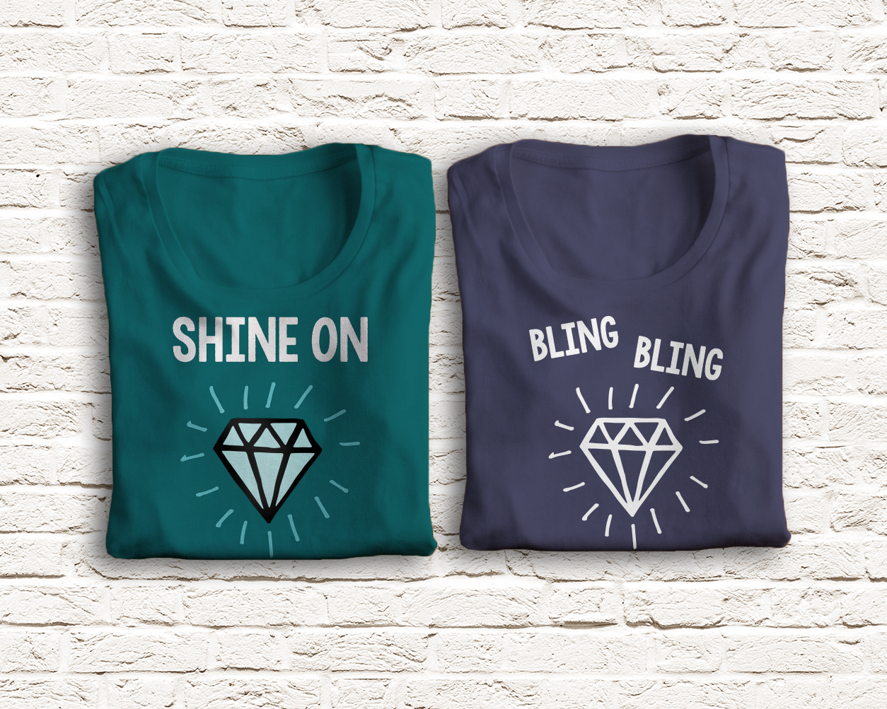 Pair of sketchy diamond designs. One says "Shine on" the other says "bling bling"