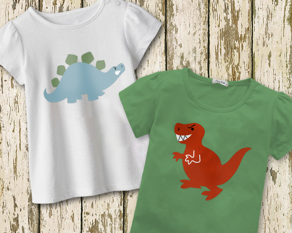 Two tees, one with a stegosaurus, one with a T-rex.