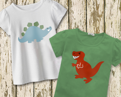Two tees, one with a stegosaurus, one with a T-rex.