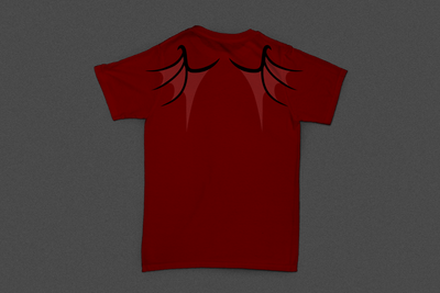 The back of a red shirt with dragon wing design on the shoulders.