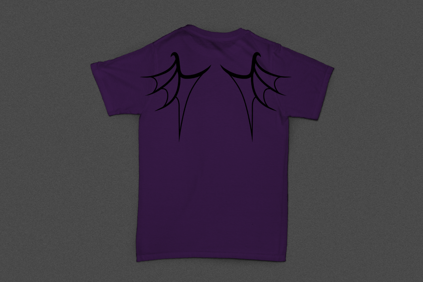 A purple shirt with a dragon wing design on the shoulders.