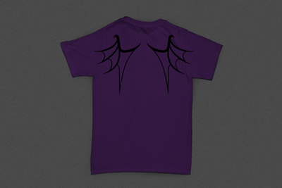 A purple shirt with a dragon wing design on the shoulders.