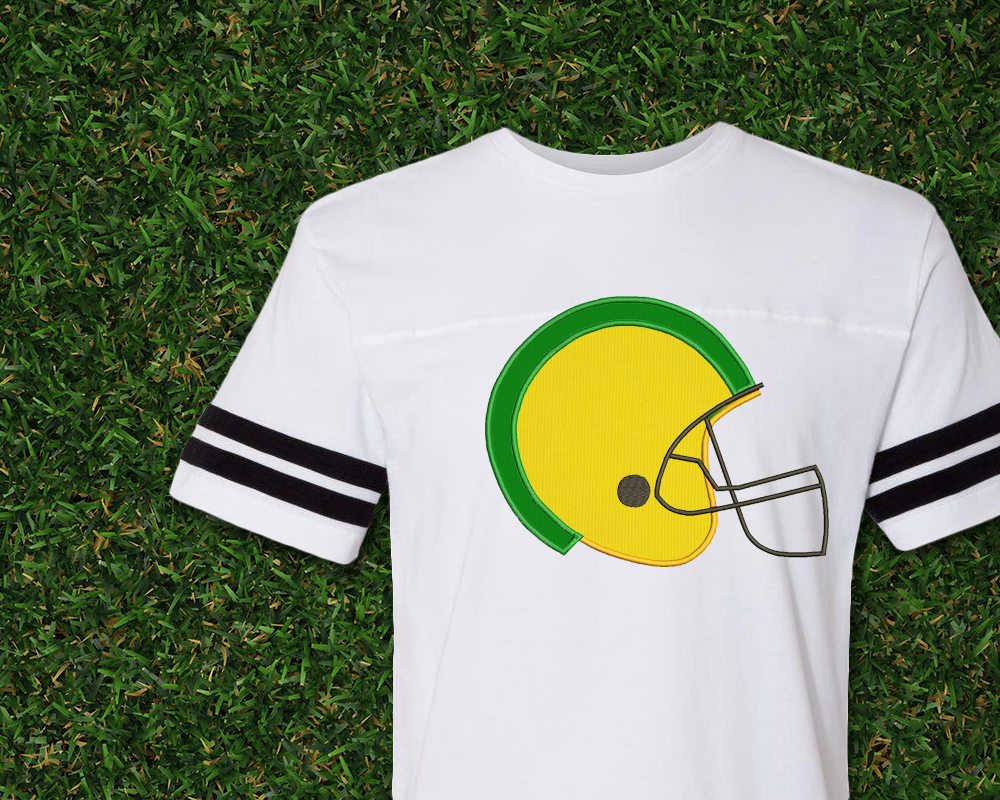 Sports shirt with an applique football helmet with a stripe down the center.
