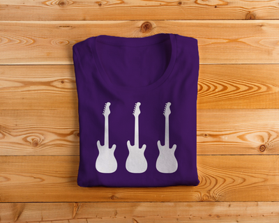 A purple tee with the silhouette of 3 white electric guitars.