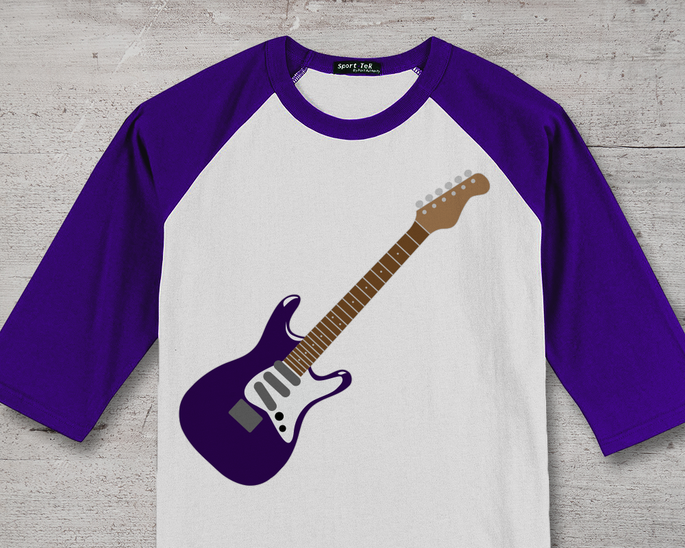 A purple and white raglan tee with an electric guitar design.