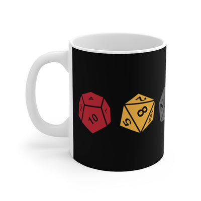 Critical Hit mug with black background and multicolored game dice