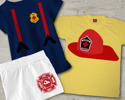 Two kids shirts and a skirt. The skirt has a firefighter emblem. One shirt has a fire badge and suspenders. The other shirt has a fire hat.