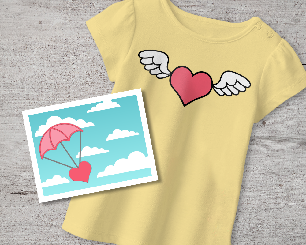 A shirt with a heart that has wings, and a card with a heart that has a parachute against a blue sky background with clouds.