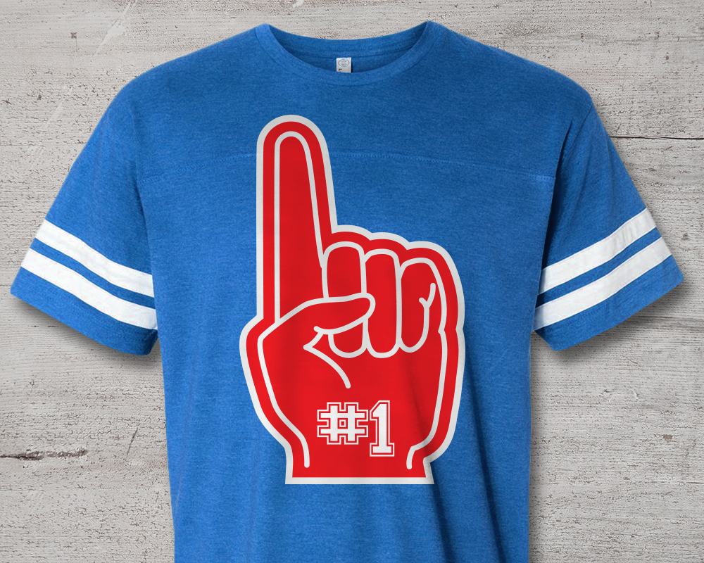 Blue sports shirt with a red foam finger design that says "#1"