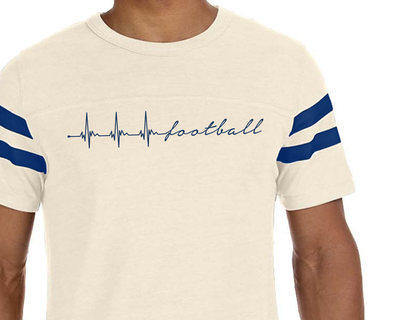 Black man wearing a shirt with a heartbeat that ends in the word "football"