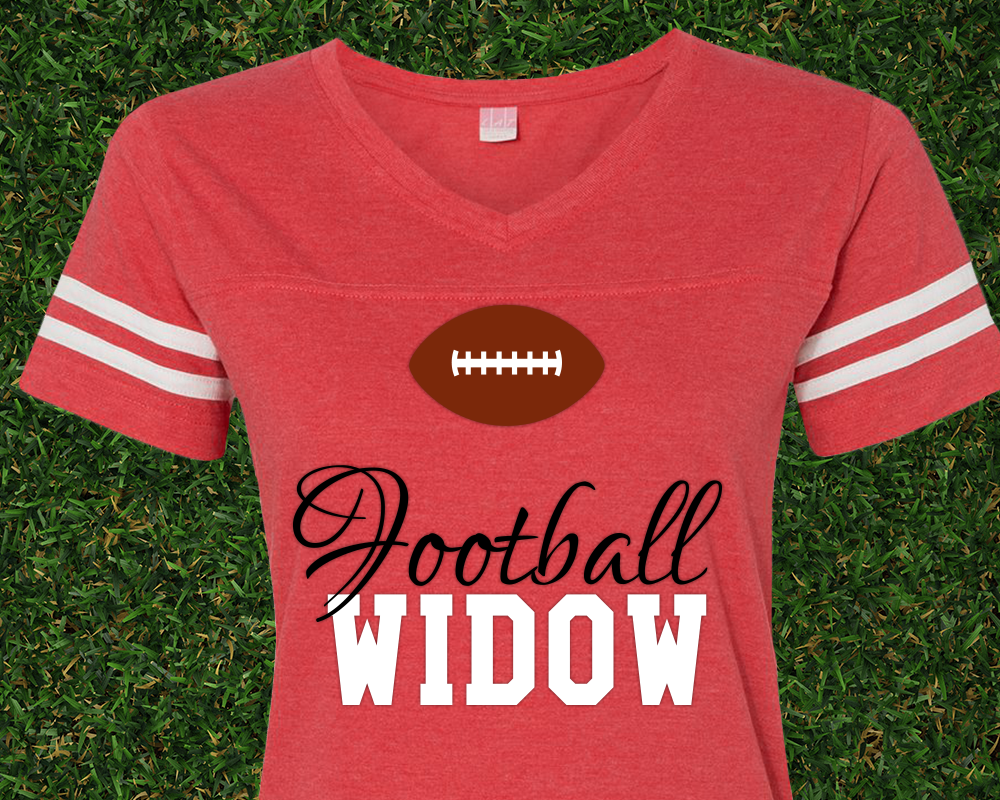 Red football shirt with the words "Football widow" and a football design above.