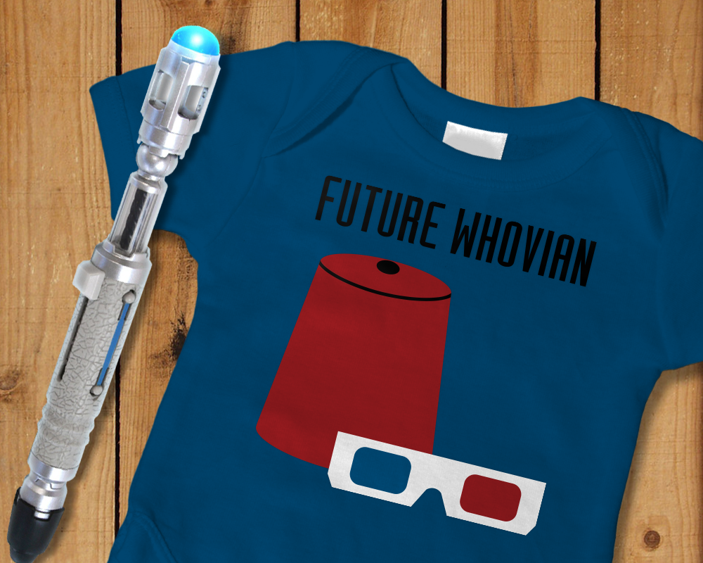 Blue baby onesie with a fez and 3D glasses that says "Future whovian"