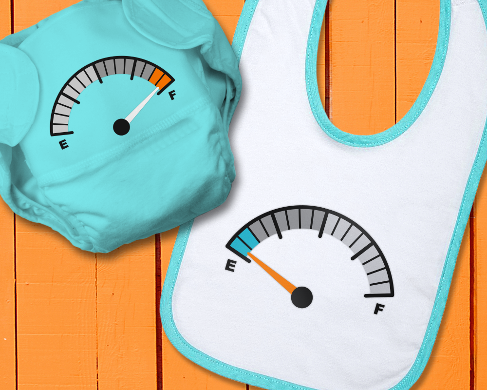A diaper and bib, each with a gas gauge on them. The bib points to empty, the diaper points to full.