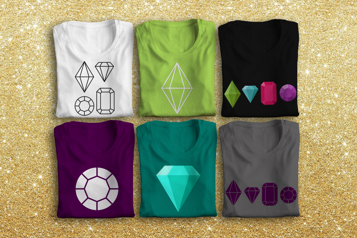 Six folded shirts featuring designs with jewels of different shapes and formats.