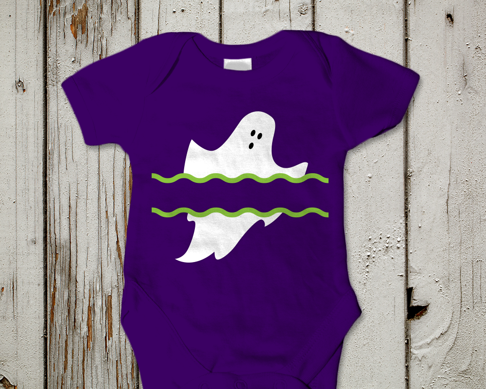A onesie with a ghost with a wavy split in the middle