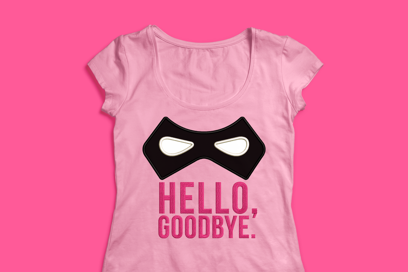 Applique mask with embroidered words "hello, goodbye"