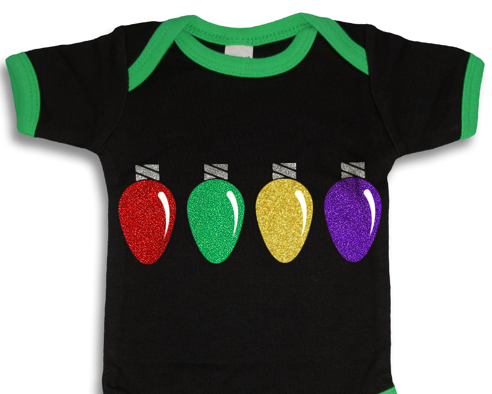 A baby ringer onesie in black with green trim. On it are 4 Christmas light bulbs made with glitter vinyl.