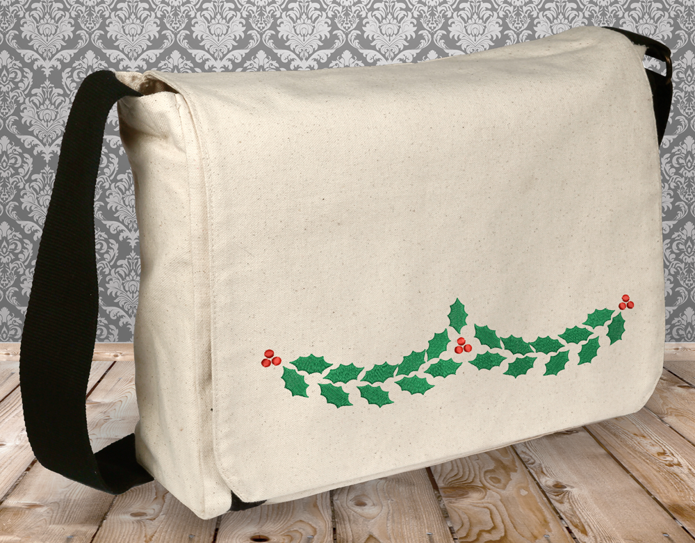 Messenger bag with holly swag embroidery design
