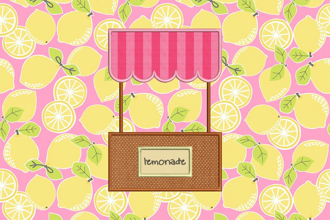 Applique of a lemonade stand with a canopy.