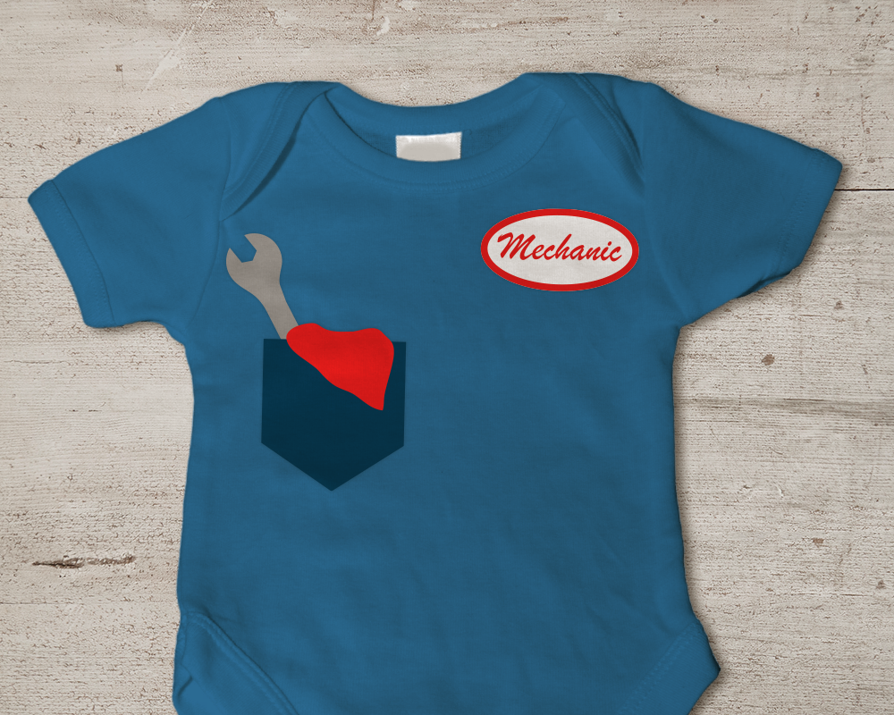 Baby onesie with a mechanic pocket design and a name badge that says "Mechanic"