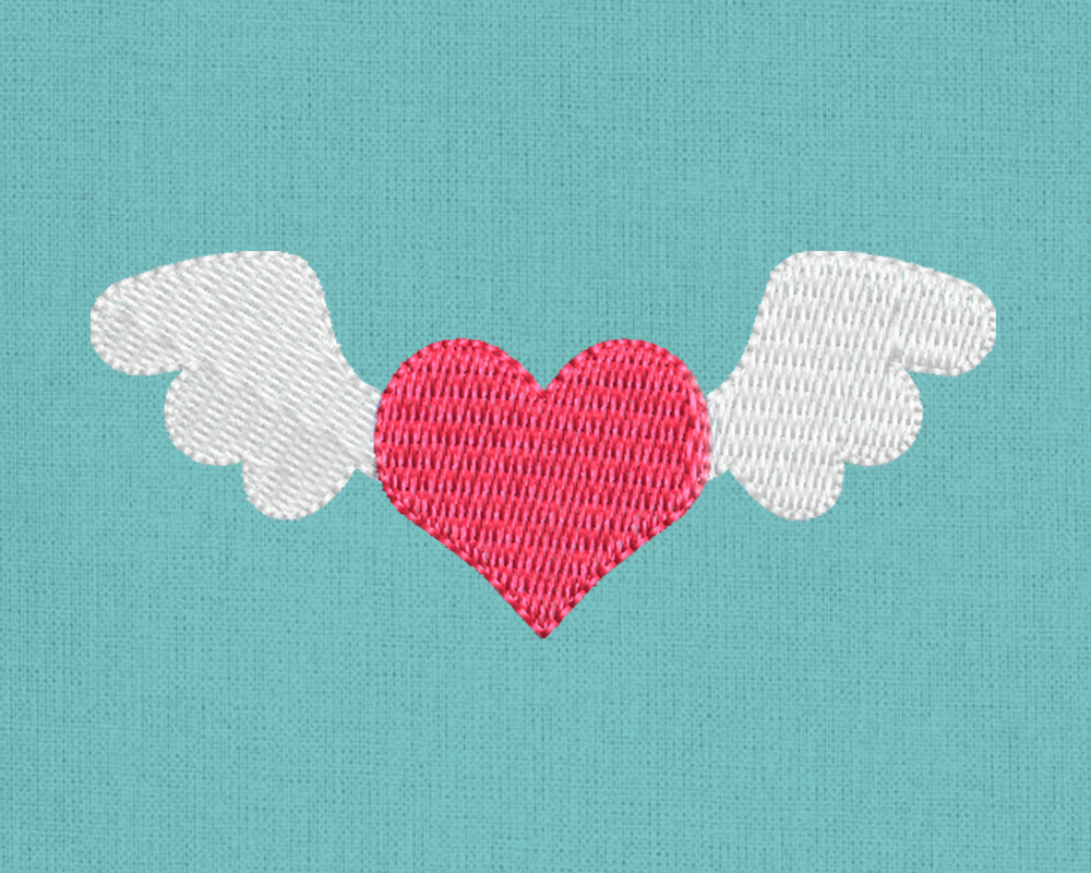 Embroidery of a heart with wings.