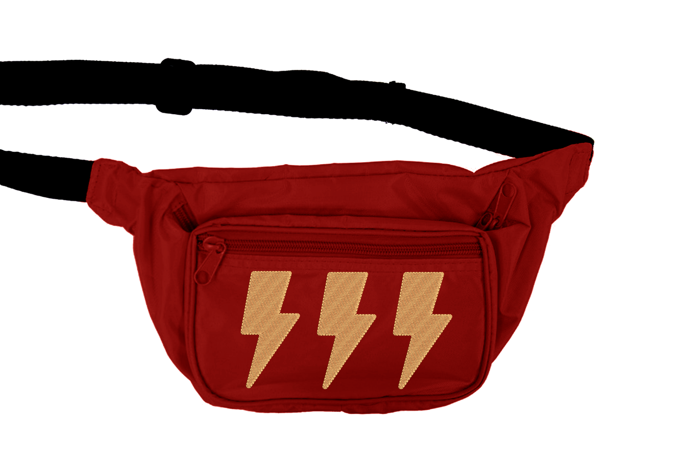 Dark red fanny pack with 3 embroidered lightning bolts.