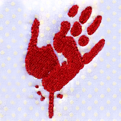 A red embroidered zombie handprint