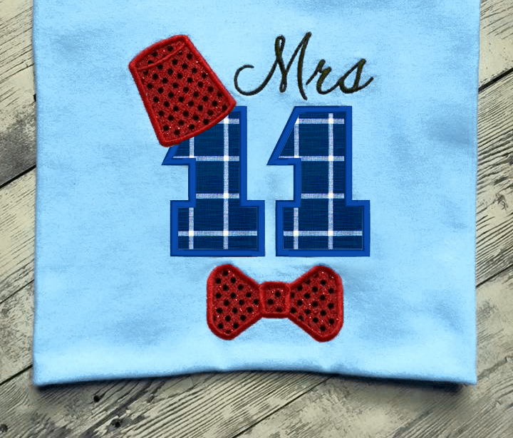Applique design that says "Mrs 11" with a fez and bow tie