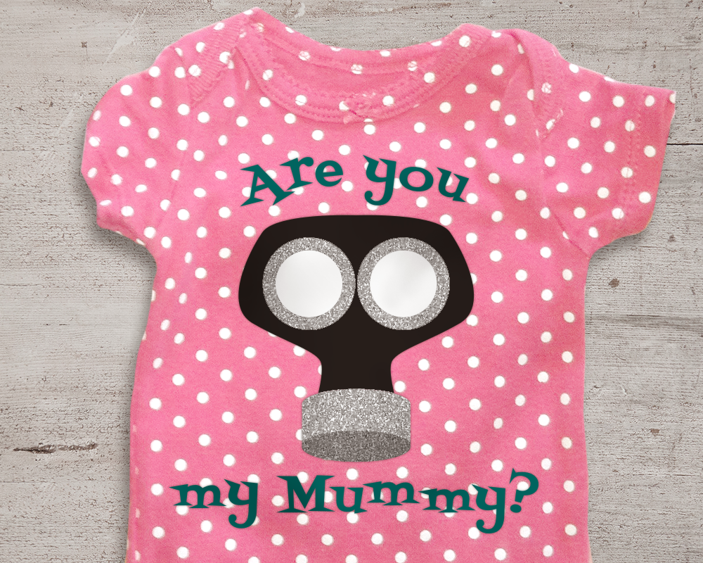 Pink baby onesie with white polkadots. The design has a gas mask and the words "Are you my Mummy?"