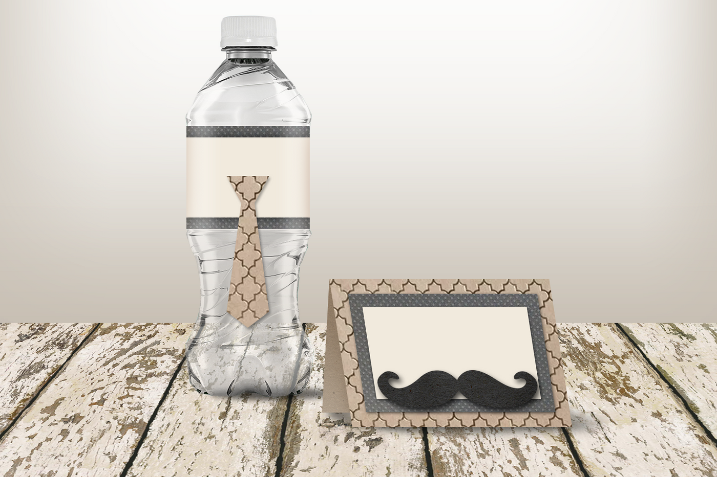 Water bottle wrapper with a tie, and table tent with a mustache.