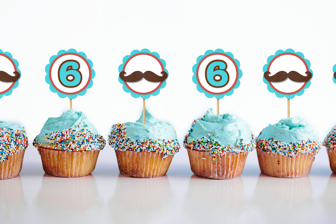 Mustache themed cupcake toppers. Also has matching cupcake toppers with the number 6.