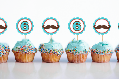 Mustache themed cupcake toppers. Also has matching cupcake toppers with the number 6.