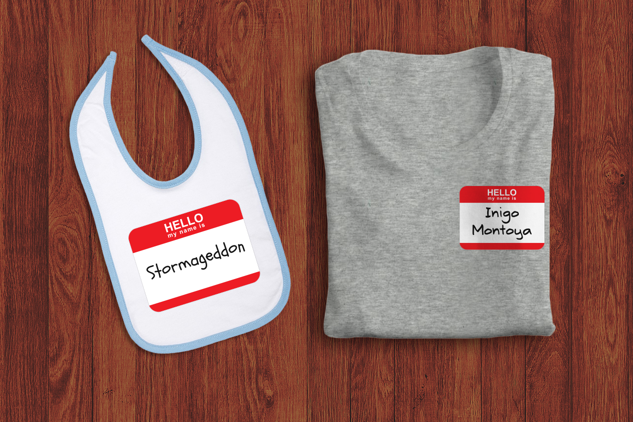A bib and tee shirt with a name tag design saying "Hello my name is." On the bib, the name is filled in as "Stormageddon." On the tee, the name is filled in as "Inigo Montoya."