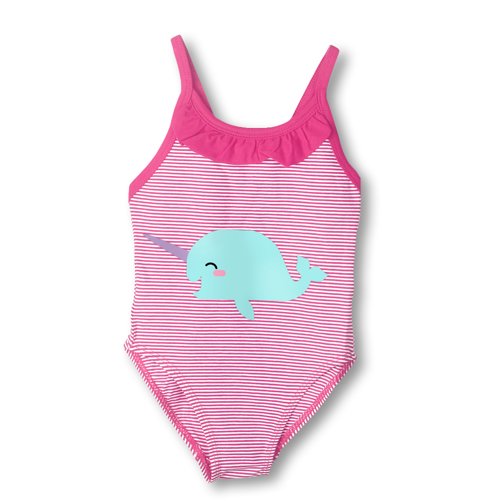 A pink and white striped baby swimsuit with a cute narwhal design.