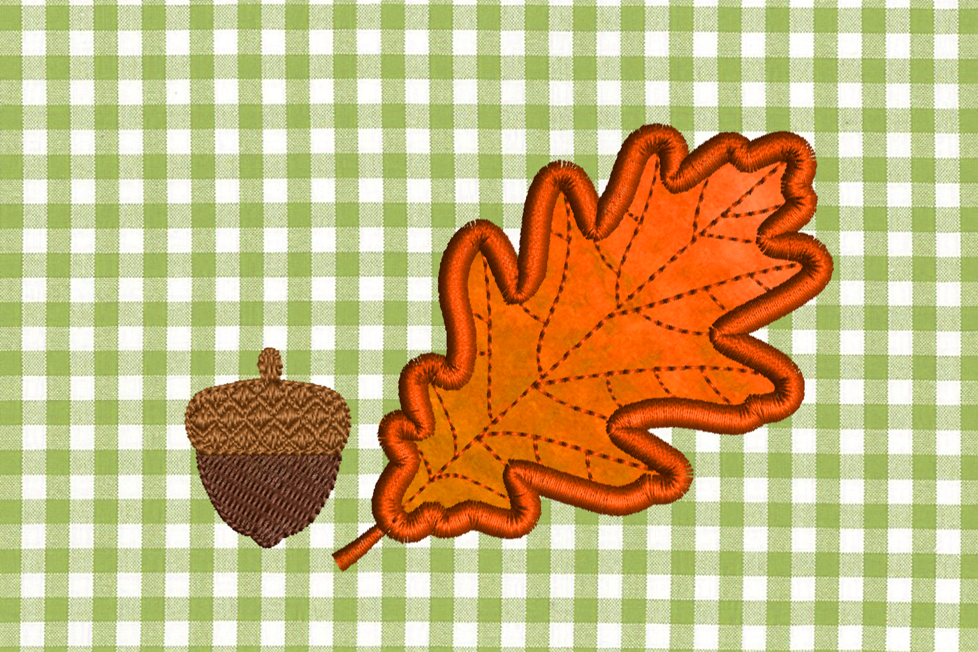 Applique oak leaf and embroidered acorn.