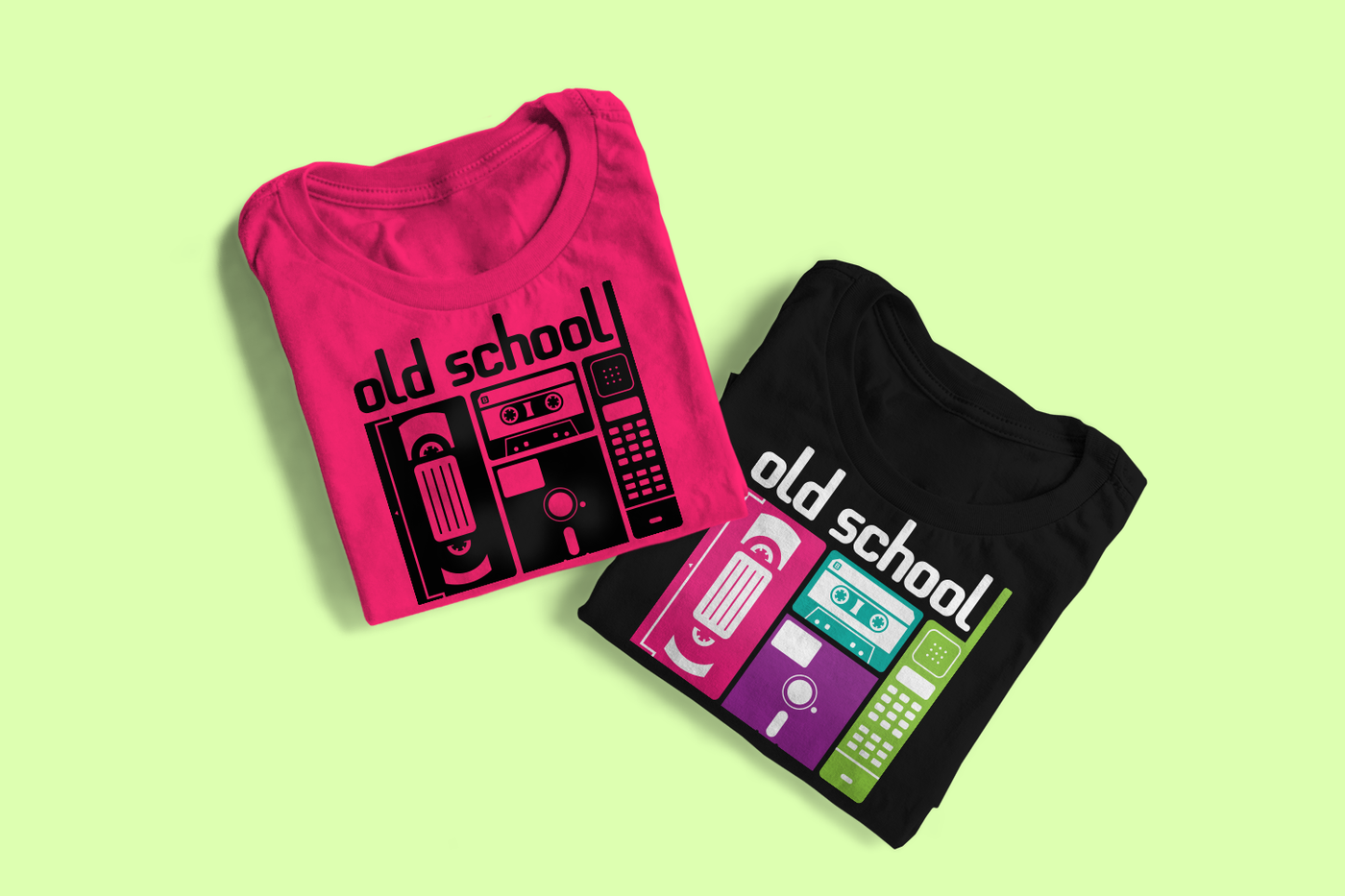 Two shirts that say "old school" with obsolete 1980s tech on it.