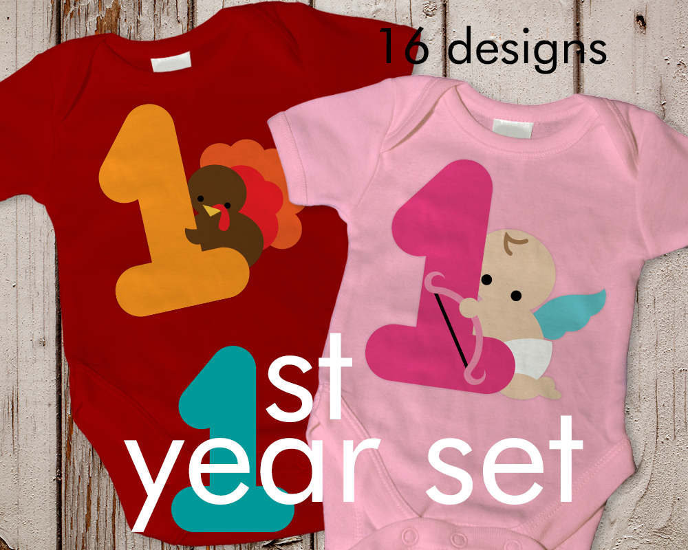 Two baby onesies sit on a wood background. The left onesie has a large 1 with a turkey, the right onesie has a large 1 with a baby cupid. On top it says "16 designs 1st year set."