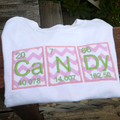 Applique that says "CANDY" spelled out in periodic table element cards.
