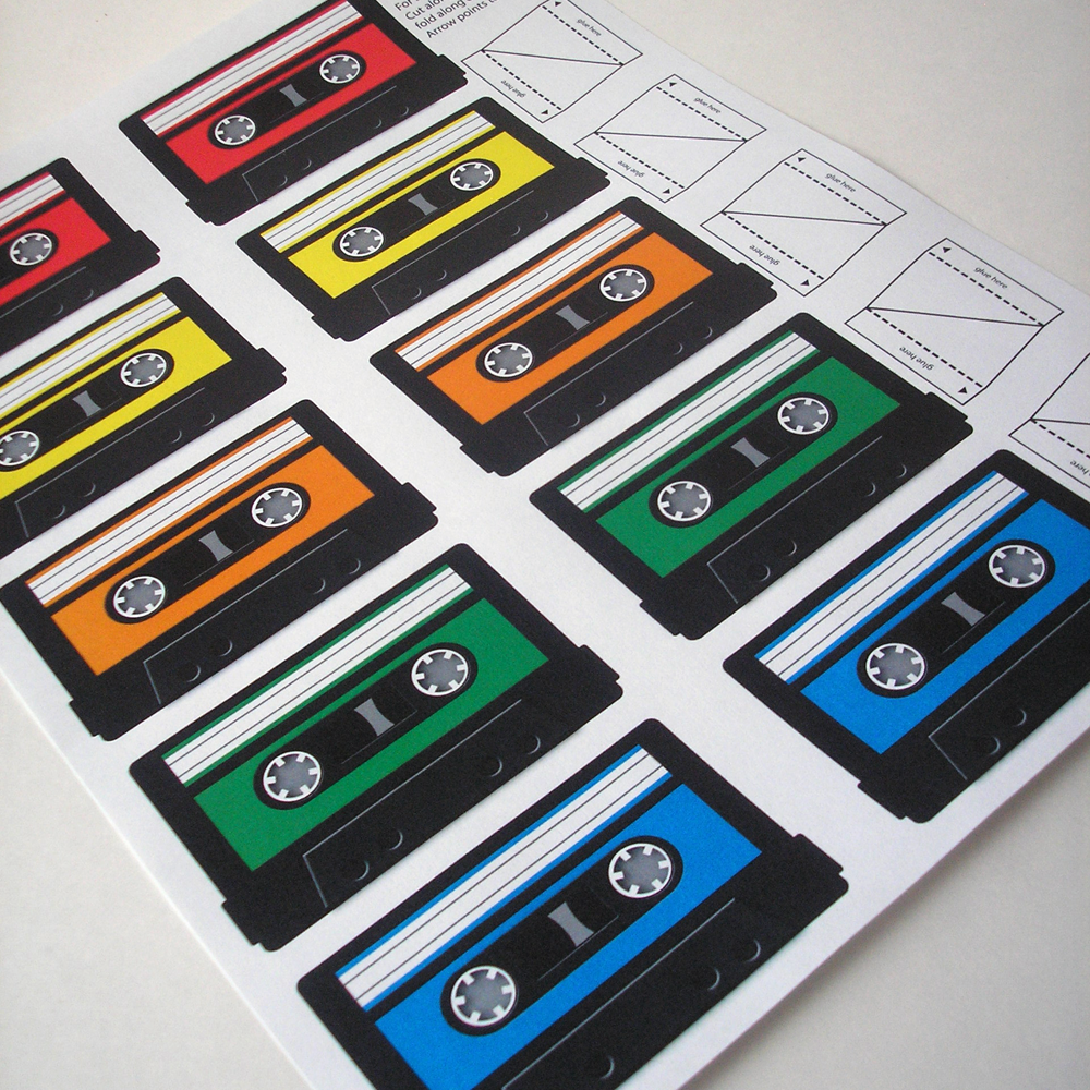 Sheet of mix tapes in primary colors