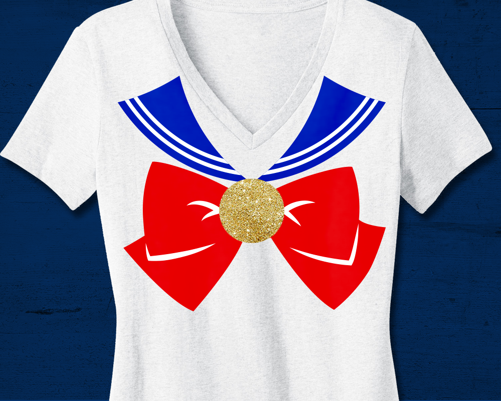 A white shirt with blue sailor collar and large red bow with gold medallion in the center.