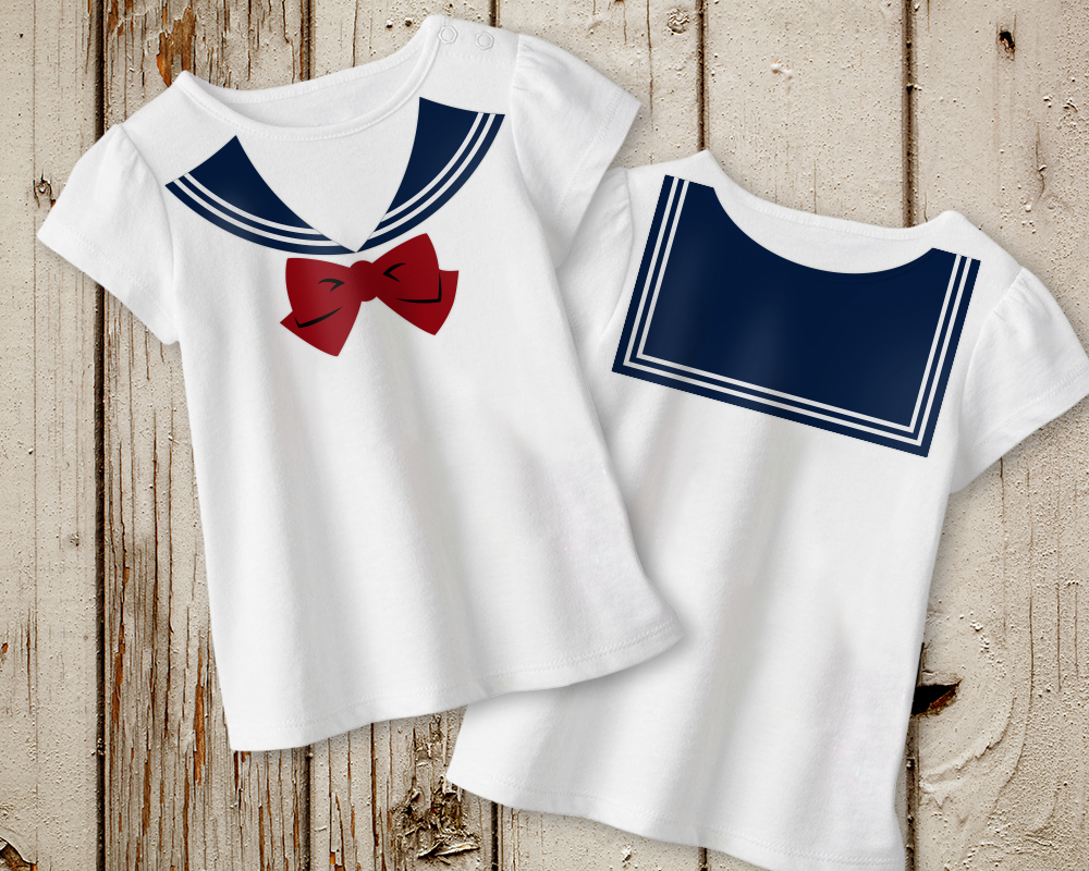 Two white tees, one showing the front and the other the back. On the shirt is a sailor collar design with both a front and a back. The front has a bow.