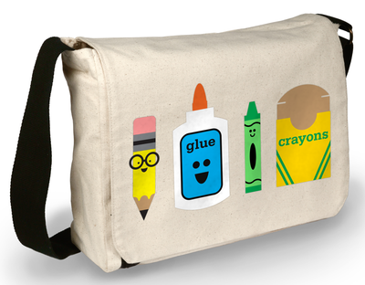 School supplies design with a nerdy pencil, glue bottle, crayon, and crayon box.