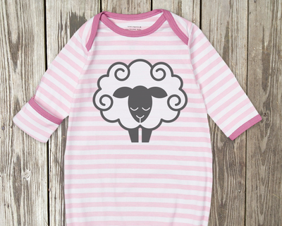 Pink and white striped baby nightgown with a swirly sheep design.